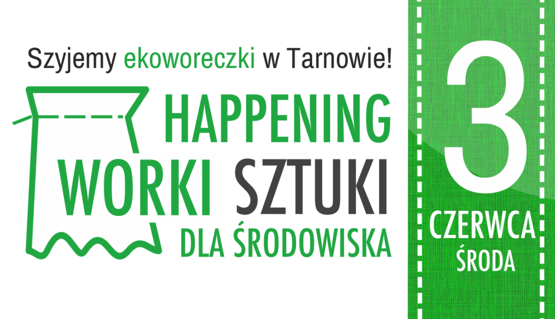 Logotyp happeningu Worki Sztuki dla Środowiska. Logo w kształcie worka z tasiemką. Wraz z logo na zdjęciu znajduje się informacja, że w środę 3 czerwca szyjemy ekoworeczki w Tarnowie.