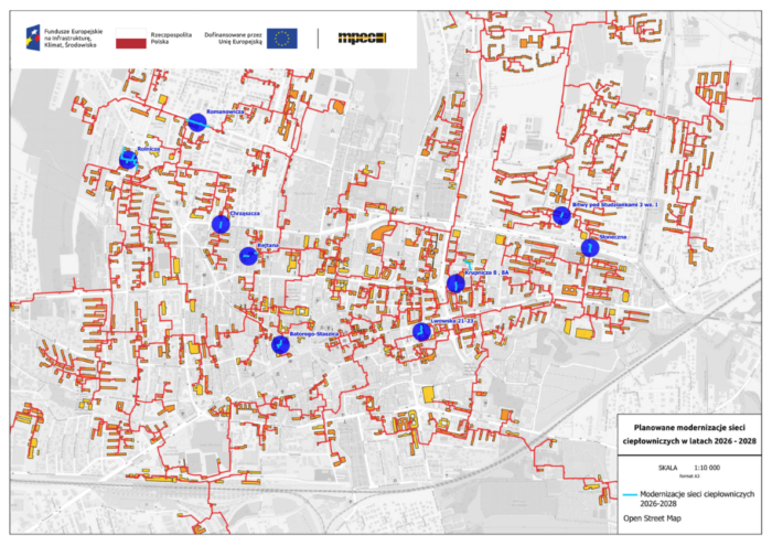 Mapa lokalizacji sieci ciepłowniczych modernizowanych z dotacji Unii Europejskiej