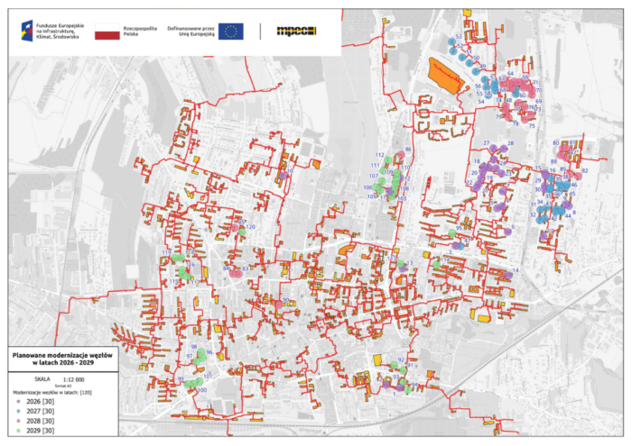 Mapa lokalizacji węzłów cieplnych modernizowanych z dotacji Unii Europejskiej